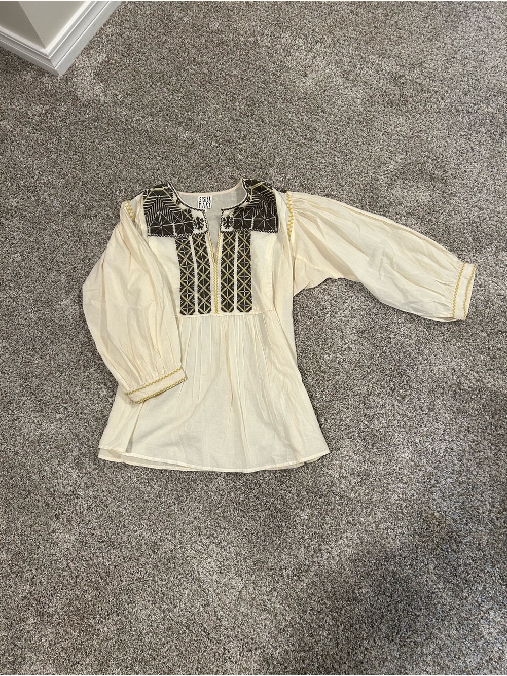Boho Cream Peasant Blouse with Dark Brown Embroidered Yoke